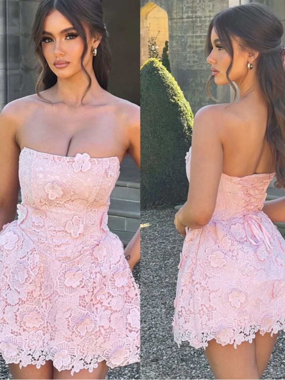 Babyboo Leona Strapless Mini Dress | Pink Lace Mini Dress with Floral Appliqué